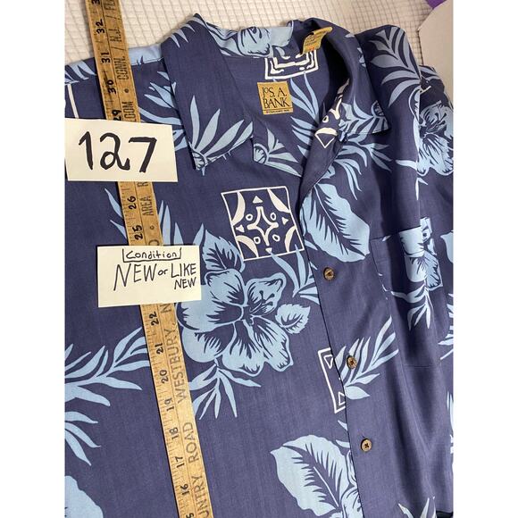 Jos A Bank Shirt Mens L Blue Palm Trees 100%  Silk Hawaiian Button Up Relaxed - Picture 5 of 9